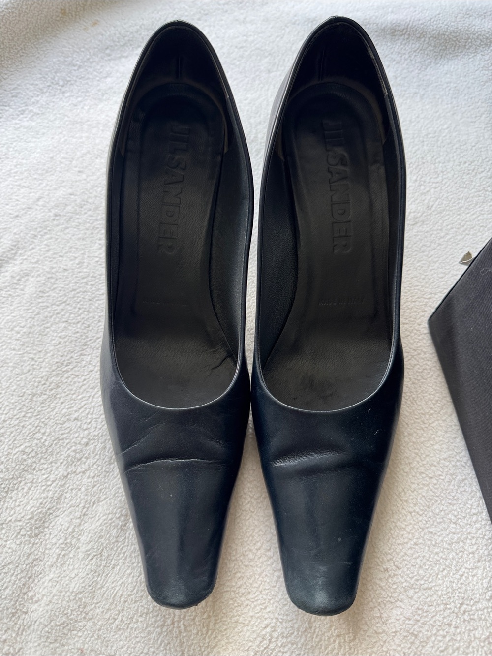 Jil Sander Navy Blue Leather Square-Toe Mid Heel Pumps